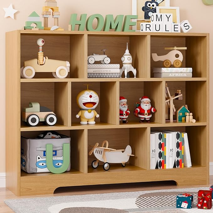 Book Shelf for Kids, 10 Cubes Storage Organizer Montessori Bookshelf, 3-Tier Wooden Kids Bookcase, Toy Storage Organizer for Children, Wooden Toddler Bookshelf Cube Shelf for Kid’s Room, Classroom