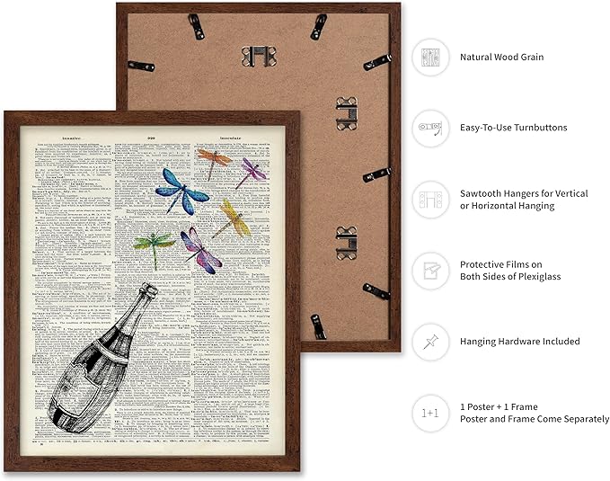 Poster Master Dictionary Art Poster - Champagne Bottle Print - Dragonfly Art - Alcohol Art - Gift for Men, Women & Bartender - Great Decor for Bar, Kitchen or Restaurant, 11x14 Brown Framed