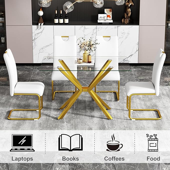 47" Tempered Glass Dining Table for 4, Modern Kitchen Table Rectangle Top, Geometric Metal Leg, for Apartment Dining Room Restaurant (Gold)