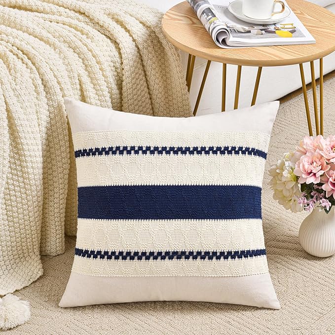 Fancy Homi Set of 2 Navy Blue Big Decorative Throw Pillow Covers 24x24 Inch for Couch Bed Sofa Living Room, Aesthetic Modern Organic Farmhouse Home Decor, Soft Cotton Woven Textured Cushion Case