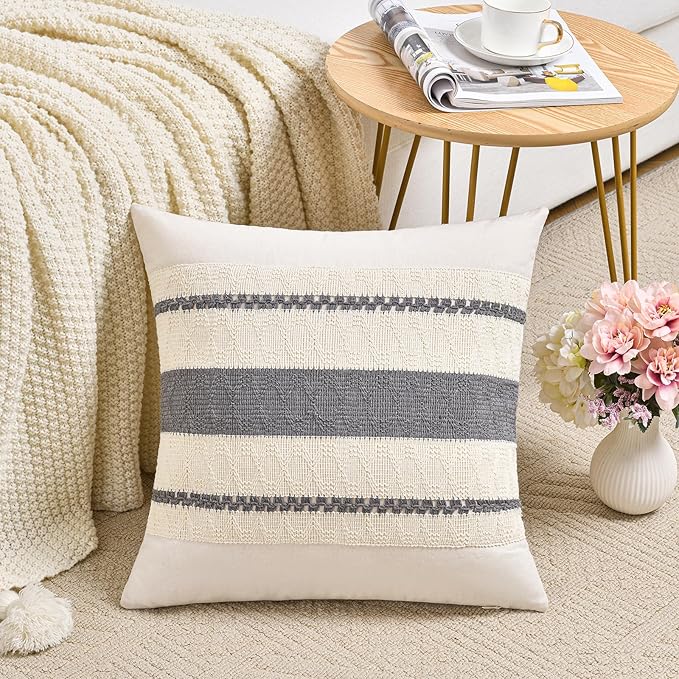 Fancy Homi Set of 2 Neutral Grey Farmhouse Decorative Throw Pillow Covers 16x16 Inch for Couch Bed Chair Indoors, Vintage Country Rustic Retro Room Decor, Soft Thick Cotton Handmade Woven Cushion Case