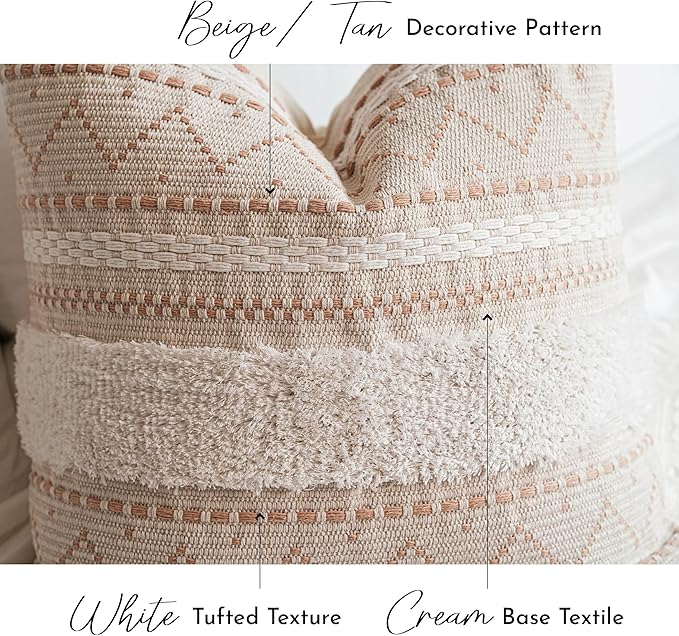 Decorative Throw Pillow Cover 20x20 Square Cream Neutral White Boho Accent Pillowcase Tassels Farmhouse Cushion for Couch Sofa Bedroom Living Room Home Décor (Cover ONLY, Pack of 1)