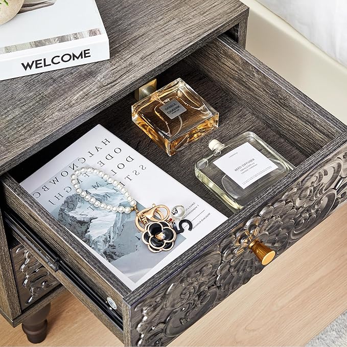 Nightstand, Farmhouse Bedside Table with 2 Drawers and Metal Handles, Wood Sofa Side Table End Table Accent Dresser for Bedroom, Living Room (Grey-2 Packs)