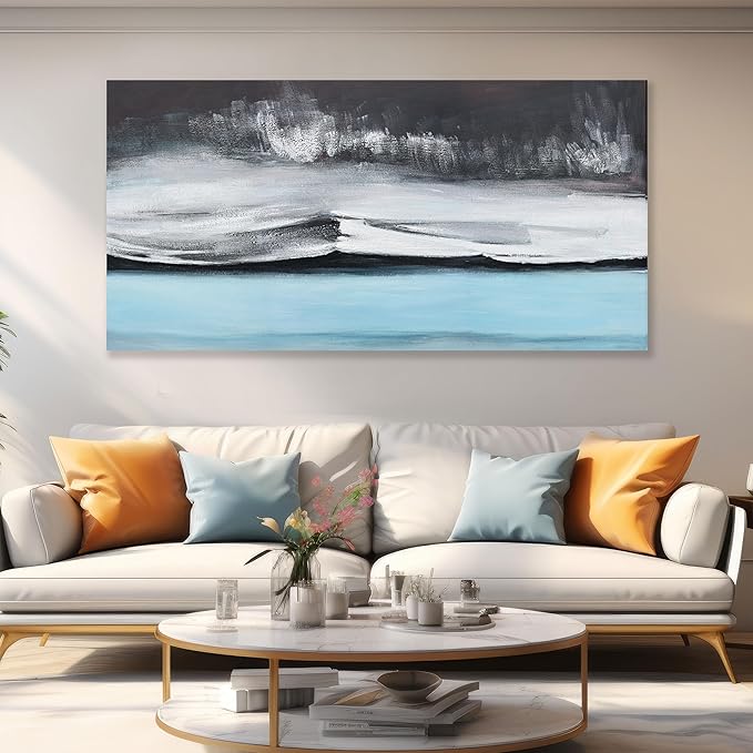 Abstract Wall Art Black White and Blue Canvas Art Wall Decor Modern Art Wall Decor Painting Framed Artwork Abstract Canvas Wall Art for Living Room Bedroom Office 29"x58"