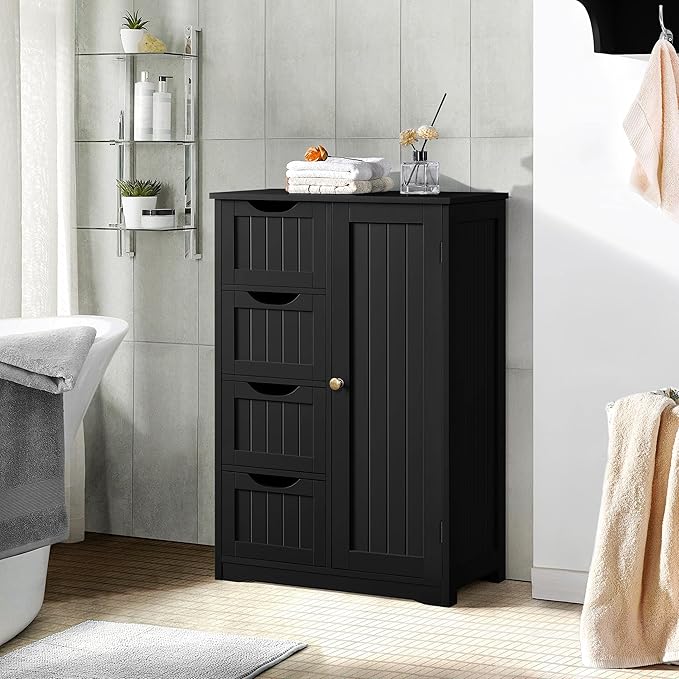 Yaheetech Wooden Bathroom Floor/Side Storage Organizer Cabinet with 4 Drawers and 1 Cupboard, Freestanding Entryway Storage Unit Console Table for Home Decor