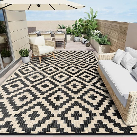 OLANLY Waterproof Outdoor Rug 9x18 ft, Outdoor Plastic Straw Rug for Camping, RV Mat Outside, Outdoor Carpet for Porch, Deck, Backyard, Balcony, Picnic, Black & Beige