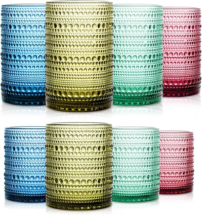Set of 8 Hobnail Drinking Glasses Colored Vintage Glassware - 4 Highball Glasses 14 oz, 4 Rocks Glass Cup 11 oz, Embossed Old Fashioned Glassware for Water, Juice, Wine, Beer (4 Colors)