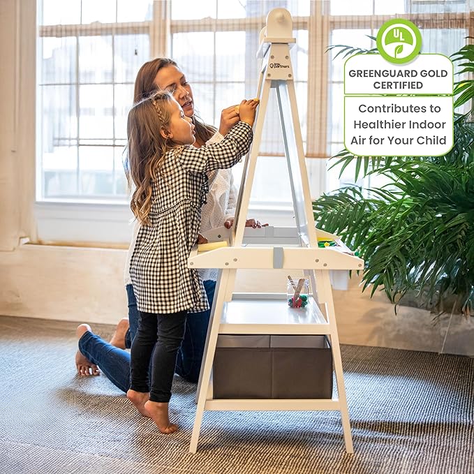 Little Partners Deluxe Learn 'N Play Toddler Easel for Kids, Two-Sided Art Center with Chalkboard, Magnetic Dry Erase Whiteboard, Paper Feed, Storage Bins, Paint Containers (Soft White)
