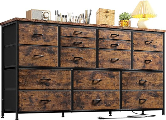 EnHomee Dressser for Bedroom Dresser with 16 Drawers TV Stand for Bedroom for 60" TV Long Dressers & Chests of Drawers Large Dresser with Charging Station, 51.5" W*11.7" D*34.6" H, Rustic Brown