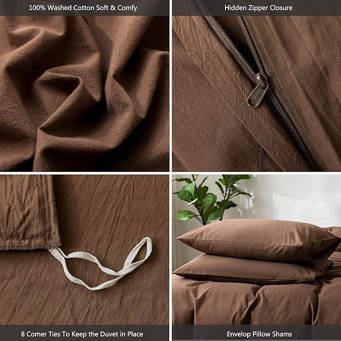 MooMee Bedding Duvet Cover Set 100% Washed Cotton Linen Like Textured Breathable Durable Soft Comfy (Solid Cocoa Brown, Queen 90"x90")