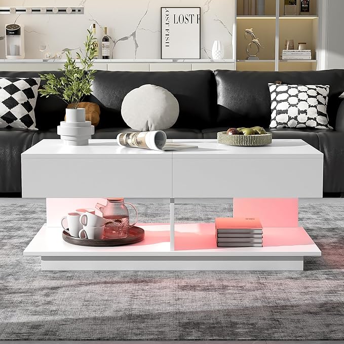 Modern High Gloss LED Coffee Table Center Table with Hidden Storage Space, Extending Top & LED Light for Living Room, White