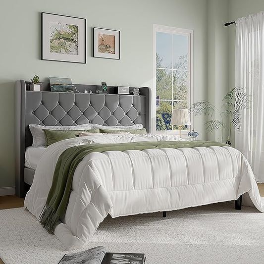 SHA CERLIN Queen Size Platform Bed Frame with Charging Station, Velvet Wingback Headboard with Storage Shelf, Wooden Slats Support, Ample Under-Bed Space, No Box Spring Needed, Easy Assembly, Grey