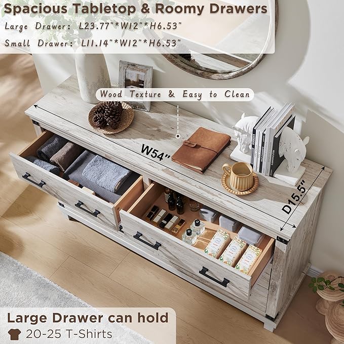 Farmhouse 7 Drawer Dresser for Bedroom - Wood Large Dressers & Chests of Drawers for Closet, 54 Inch Wide Dresser TV Stand with Storage for Bedroom, Living Room, Antique Brush White