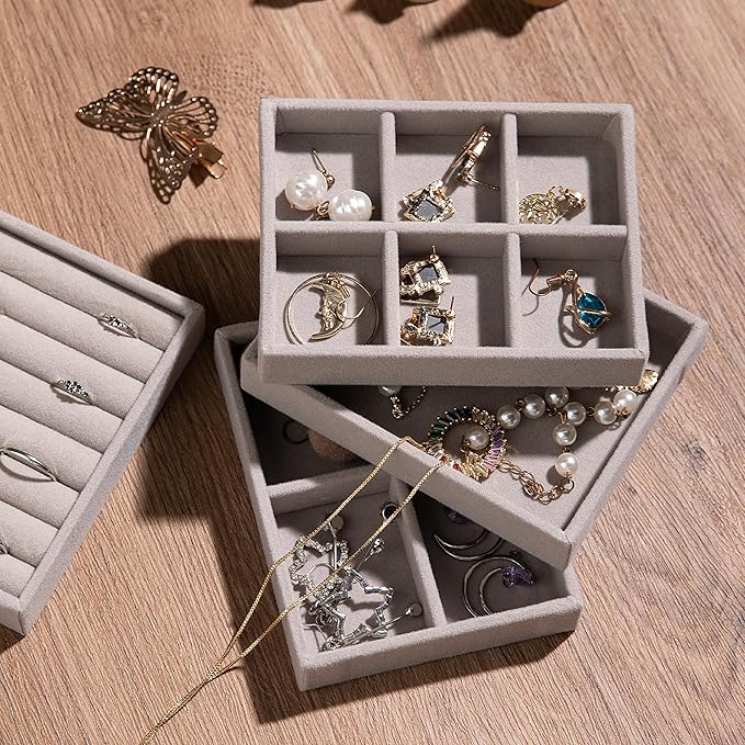 Frebeauty Small Jewelry Tray Set,Stackable Velvet Jewelry Organizer Tray,Mini Jewelry Drawer Organizer,Drawer Inserts,4.92 x 3.74 x 0.9 Inches,Earring Organizer for Women(Set 4,White)