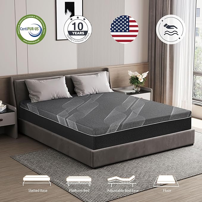 Twin Mattress 10 Inch Charcoal Gel Memory Foam Mattress in a Box, CertiPUR-US Certified, Fiberglass Free Cooling Mattress, Twin Size Mattress for Kids, 75" × 38" × 10", Medium
