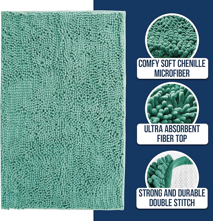 Muddy Mat Chenille Bathroom Rugs Quick Dry Microfiber Mats Non Slip Washable, Extra Thick, Soft and Highly Absorbent Bath Mats for Bathroom, Kitchen, and Shower Floor - Seafoam Green XL 59"X35"