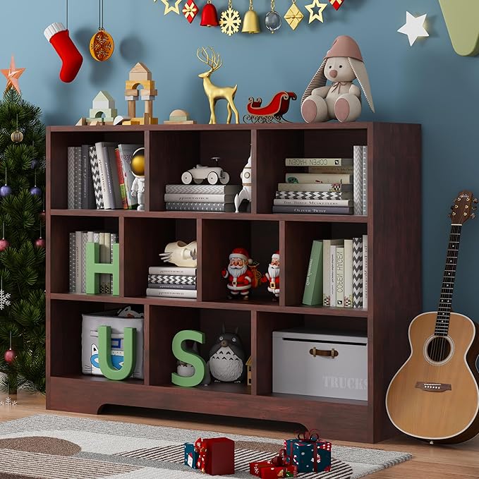 Book Shelf for Kids, 10 Cubes Storage Organizer Montessori Bookshelf, 3-Tier Wooden Kids Bookcase, Toy Storage Organizer for Children, Cherry Toddler Bookshelf Cube Shelf for Kid’s Room, Classroom