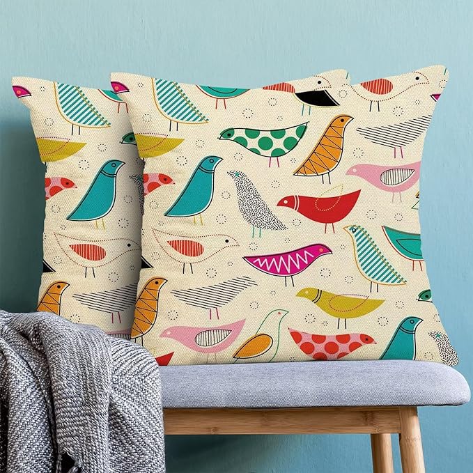 BETGINY Boho Pillow Covers 16 x 16 Inch Pack of 2, Mid Century Colorful Geometric Bird Decorative Throw Pillow Cases Outdoor Linen Farmhouse Modern Cushion Cover for Bedroom Home Sofa Decor