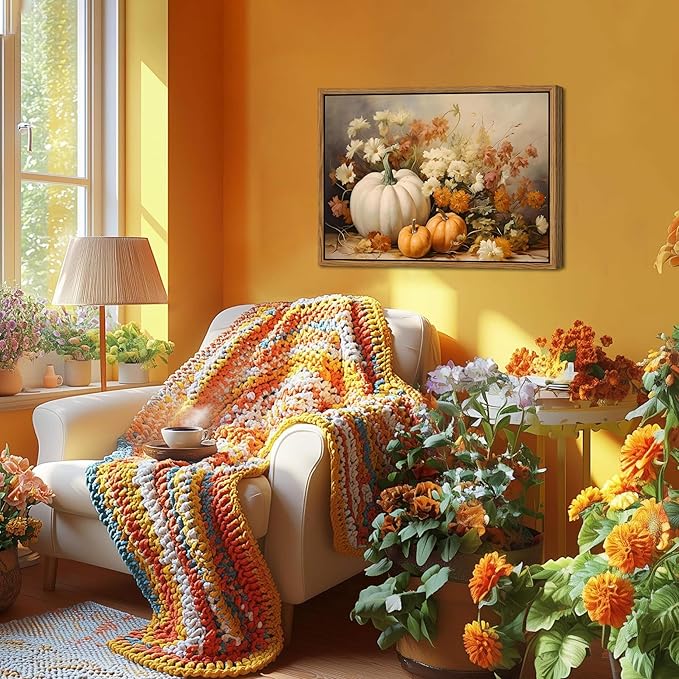 Framed Fall Pumpkin Canvas Wall Art - Farmhouse White & Orange Pumpkins Still Life Pictures Prints, Autumn Halloween Thanksgiving Wall Decor for Living Room Kitchen 16x24 inch