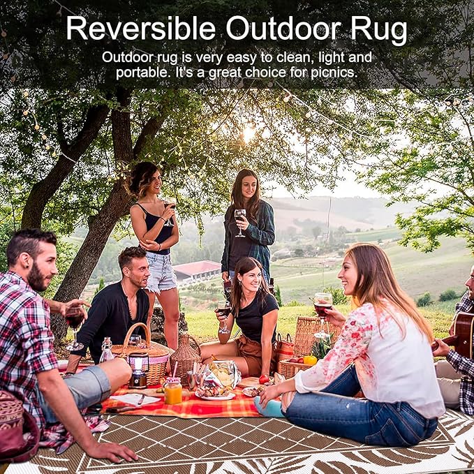 Ileading Outdoor Rug Carpet for Patio 6' x9' Waterproof Reversible Plastic Straw Rug Portable Outside Area Rug Camping Mat for Patio, Clearance, Balcony, Picnic, Pool, Beach, RV, Deck, Leaf Brown