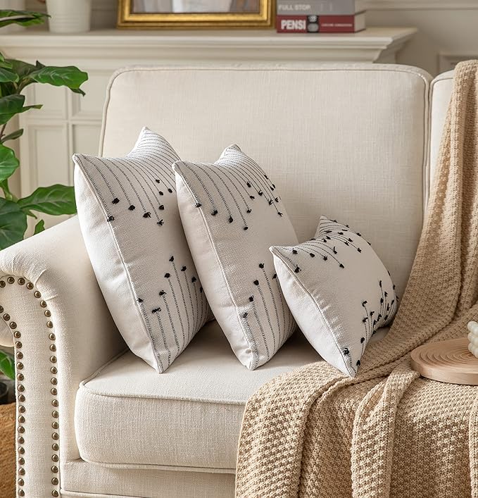 Boho Throw Pillow Covers 12x20 Set of 2 Decorative Pillows for Bed, Neutral Pillow Covers Beige with Black Line Throw Pillows for Modern Farmhouse Couch Sofa Living Room Outdoor