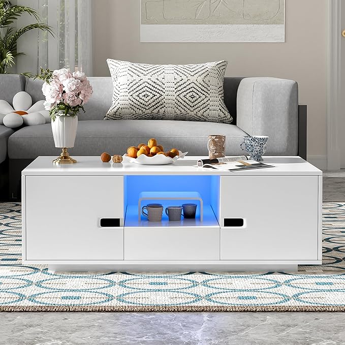 Modern High Gloss LED Coffee Table 47.2-Inch Wooden Center Cocktail Table with Storage & 16 Colors LED Light for Living Room, White