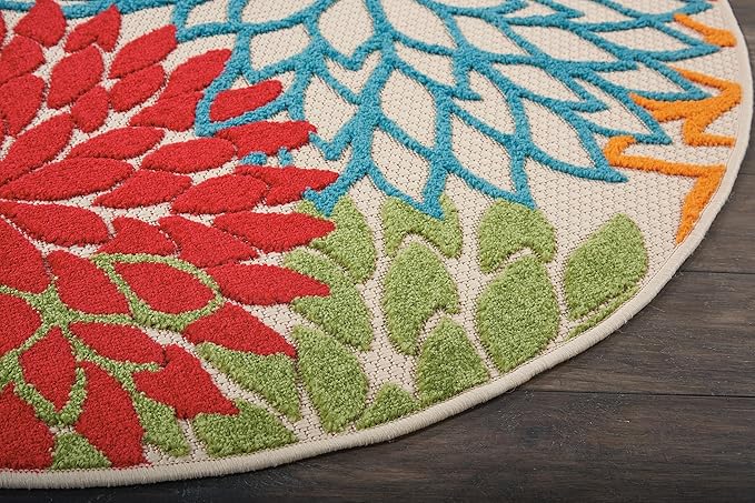 Nourison Aloha Indoor/Outdoor Green 5'3'' x Round Area-Rug, Tropical, Botanical, Easy-Cleaning, Non Shedding, Bed Room, Living Room, Dining Room, Deck, Backyard, Patio (5 Round)
