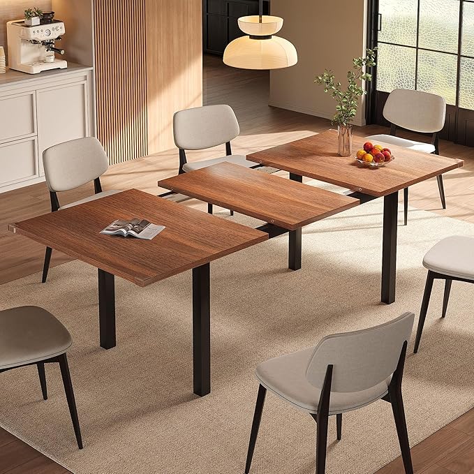Extendable Dining Table for 4-6, 63" Modern Kitchen Table, Farmhouse Dining Room Tables for Dining, Kitchen, Office, Living Room, Rectangular Wooden Tables, Space Saving (Walnut)