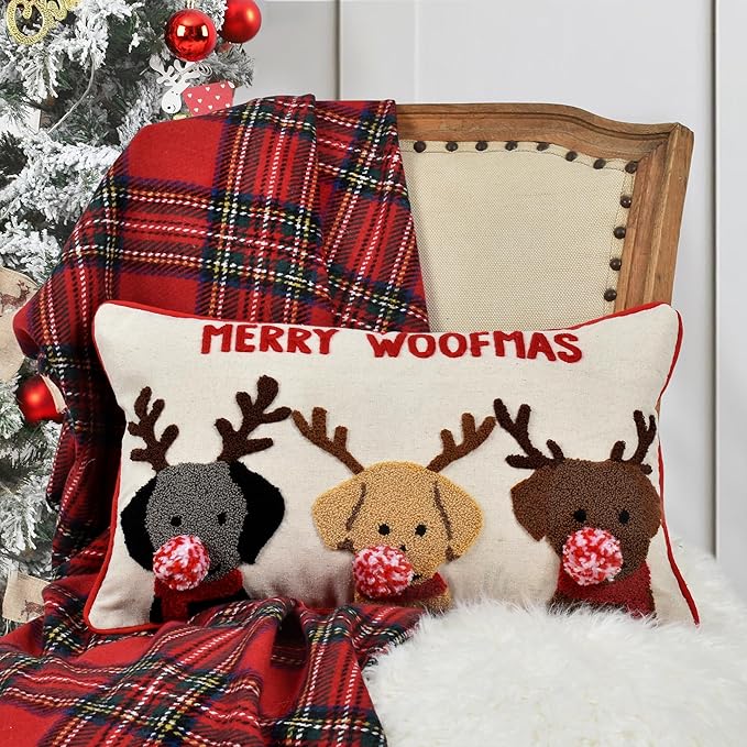 Merry Woofmas Christmas Pillow Covers 12x20, Cute Dog Embroidered Christmas Throw Pillow Covers Christmas Decorations Holiday Pillows for Home Couch,Linen/red