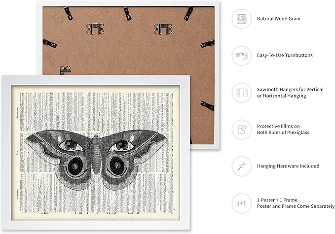 Poster Master Dictionary Art Poster - Butterfly Print - Eyes on Wings Art - Insect Art - Gift for Men, Women & Animal Lover - Gothic Decor for Living Room, Bedroom or Dorm, 11x14 White Framed
