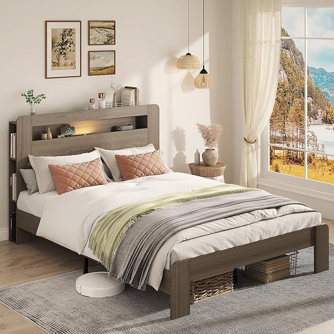 Wooden Bed Frame Queen Size with Storage Headboard - Farmhouse Platform Bed Frame with Bookcase Shelf & Led Lights, Sturdy Wood Slat Framework Bed Frame (Light Brown LED)