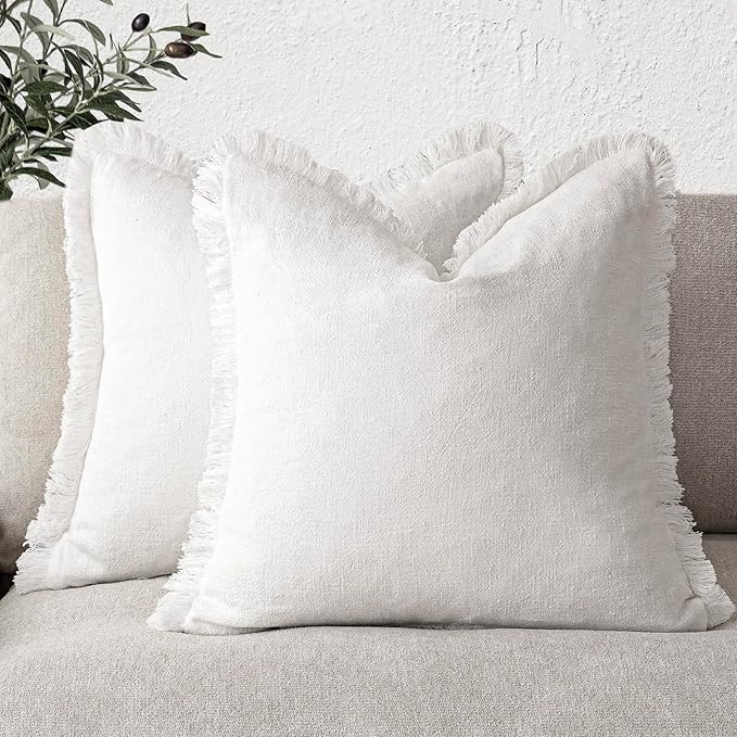 Foindtower Set of 2 Decorative Linen Fringe Throw Pillow Covers Cozy Boho Farmhouse Cushion Cover with Tassels Soft Accent Pillowcase for Couch Sofa Bed Living Room Home Decor,22×22 Inch,White