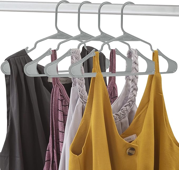Royale Linens 40 Pack Grey Plastic Hangers for Clothes - Heavy Duty Clothes Hanger for Everyday Use - Lightweight & Space Saving Notched Plastic Hangers