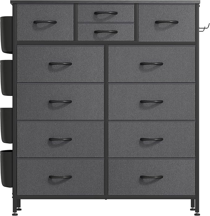 Lulive Dresser for Bedroom with 12 Drawers, Tall Dresser Chest of Drawers with Side Pockets and Hooks, Fabric Dresser Storage Tower for Closet, Hallway, Living Room (Dark Grey)