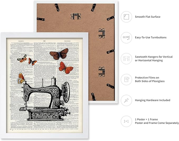 Poster Master Dictionary Art Poster - Sewing Machine Print - Sewing Art - Butterfly Art - Gift for Men, Women & Dressmaker - Chic Decor for Living Room, Bedroom or Office, 11x14 White Framed
