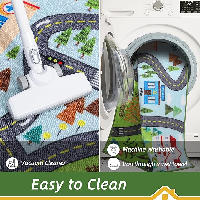 BEQHAUSE Kids Room Rug City Life 2pcs, 32”x60” Educational Road Traffic Kids Rug, Non Slip Washable Play Mat Carpets for Children's Bedroom Playroom Nursery Room Decor