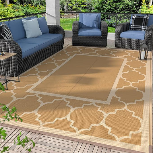 GENIMO 6' x 9' Outdoor Rug Waterproof for Patio Decor, Foldable Reversible Plastic Straw Area Rugs Mat for Camper, Outside Carpet for Rv, Deck, Porch, Picnic, Beach, Balcony, Brown & Beige