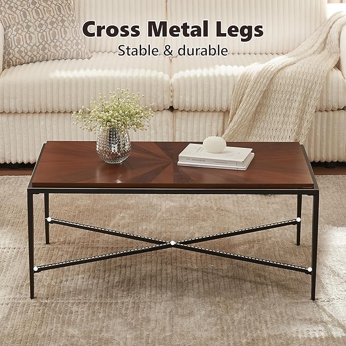 EDYO LIVING Mid Century Modern Coffee Table with Cross Metal Legs, 41.3” Wooden Single Tier Coffee Table, Retro Accent Sofa Center Table for Living Room, Home Office, Brown