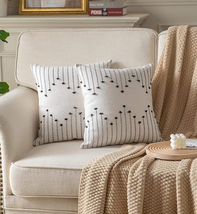 Caflife Boho Throw Pillow Covers 22x22 Set of 2 Decorative Pillows for Bed Sofa, Neutral Beige with Black Pillow Covers, Modern Farmhouse Home Decor Couch Pillow Cases