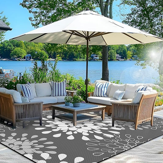 Wallona Outdoor Rugs 9x12 ft Patio Waterproof Clearance Indoor Outdoor Large Carpet for Patio Plastic Straw Reversible Area Rugs Mat for RV, Camping, Balcony, Beach, Picnic, Porch, Flower Grey & White