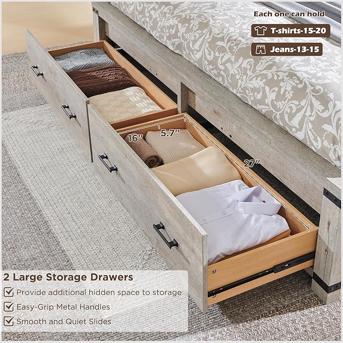 RedLemon Farmhouse Queen Size Bed Frame w/ 54" Tall Geometric Headboard, Rustic Wood Platform Bed w/ 2 Large Storage Drawers, Wood Slats Support, Noise Free, No Box Spring Needed, Light Rustic Oak