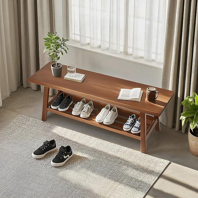 43.3" Farmhouse Solid Wood Bench, Long Rustic Storage Entryway Bench for Indoor, Bedroom,Dining Room, Living Room and Hallway