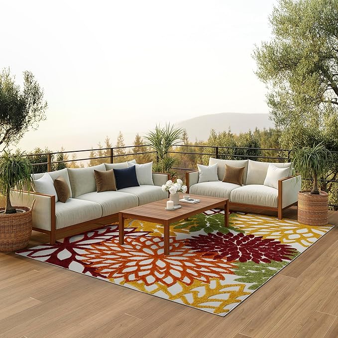 Nourison Aloha Indoor/Outdoor Red Multi Colored 9' x 12' Area Rug, Tropical, Botanical, Easy Cleaning, Non Shedding, Bed Room, Living Room, Dining Room, Deck, Backyard, Patio (9x12)