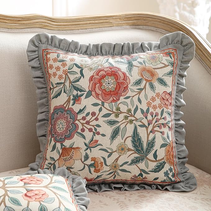Orange Throw Pillow Covers Set of 4,Cottage Rustic with Blooming Floral Pattern Linen Pillowcases,Decorative Round Square Lumbar Pillows Cushion Covers for Couch Sofa Bed Chair Car