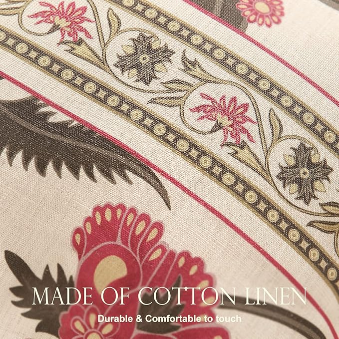 patdrea Designer Throw Pillow Cover 18"x18",Vintage Bird and Floral Pattern Linen Pillows Cover with Red and Yellow Pendant Charms,Square Decorative Pillowcases for Living Room Outdoor,Set of 2