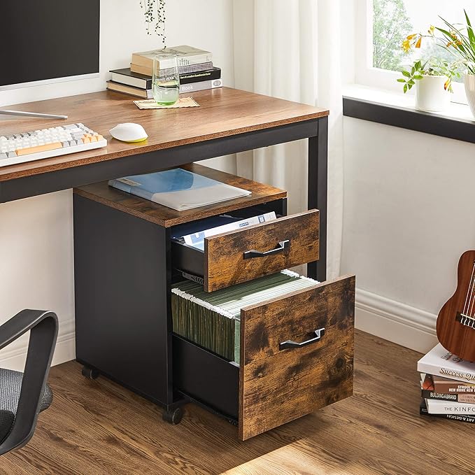 VASAGLE 2 Drawers File Cabinet for Home Office, Printer Stand with Wheels, for A4, Letter Sized Documents, Hanging File Folders, Rustic Brown and Ink Black UOFC042B01V1