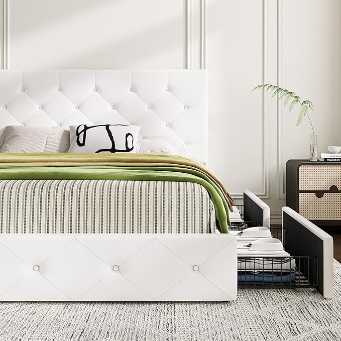 MUTICOR King Size Bed Frame with 4 Storage Drawers, Upholstered Platform Bed with Button Tufted Adjustable Headboard, No Box Spring Needed, Easy Assembly, Diamond Tufted, White Leather