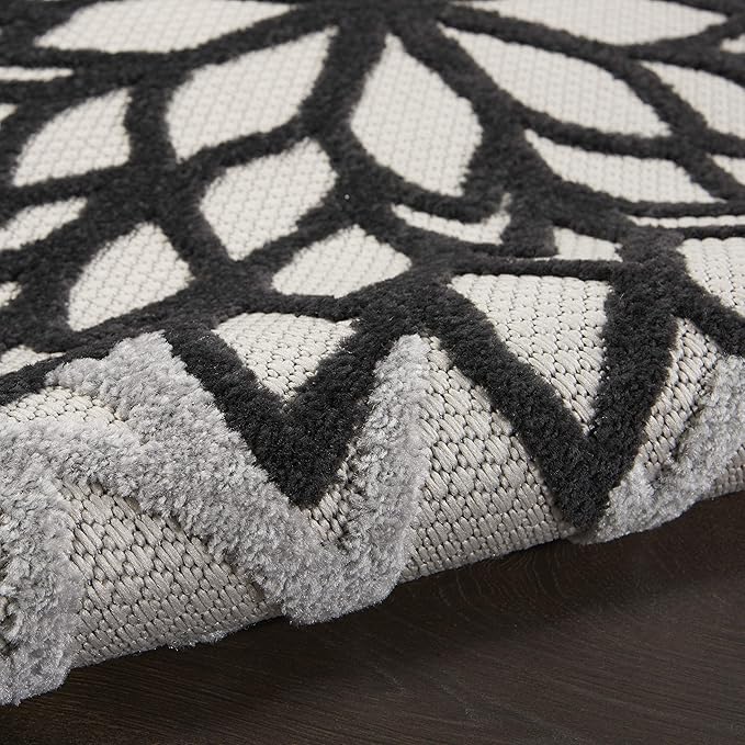 Nourison Aloha Indoor/Outdoor Black White 7'10" x Round Area Rug, Tropical, Botanical, Easy Cleaning, Non Shedding, Bed Room, Living Room, Dining Room, Deck, Backyard, Patio (8 Round)