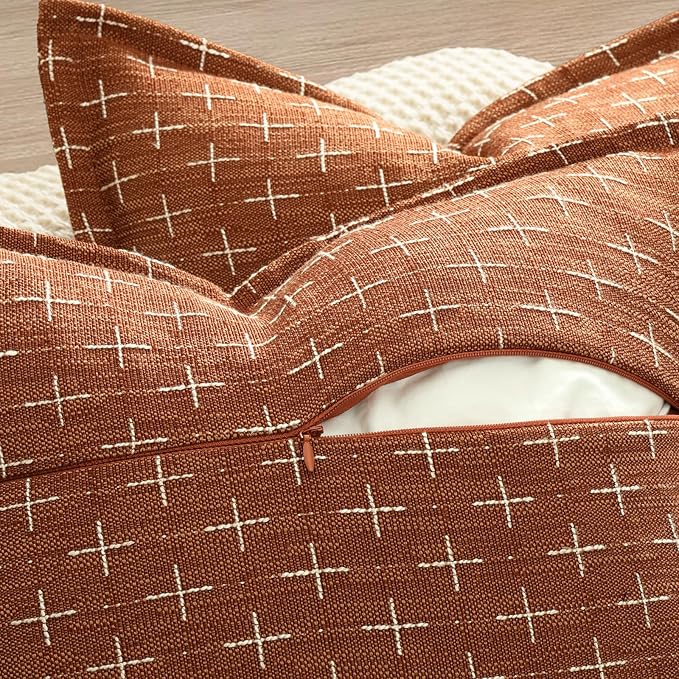 ZWJD Fall Pillow Covers 22x22 Set of 2 Soft Polyester Textured Rust Pillow Covers with Stylish Flange Edge Cozy Farmhouse Throw Pillows for Couch Bed Sofa Living Room Fall Decor