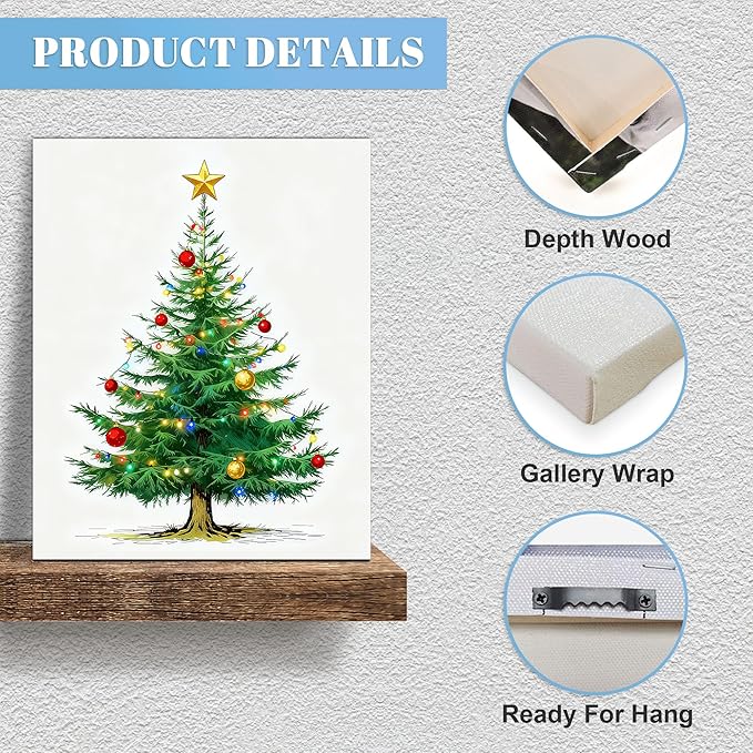 Framed Christmas Pictures Wall Decor,Vintage Pine Tree Prints,Winter Christmas Canvas Wall Art Decoration for Bedroom Bathroom Living Room Rustic Xmas Holiday Gifts (Christmas Tree 7, 12'' X 16'')
